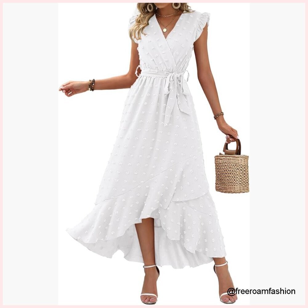Swiss Dot Maxi Dress Cap Sleeve V-Neck Tie Waist Ruffle Hem Flowy A-Line
